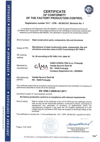 TUV Certificate EN ISO 1090-1:2009+A1:2011