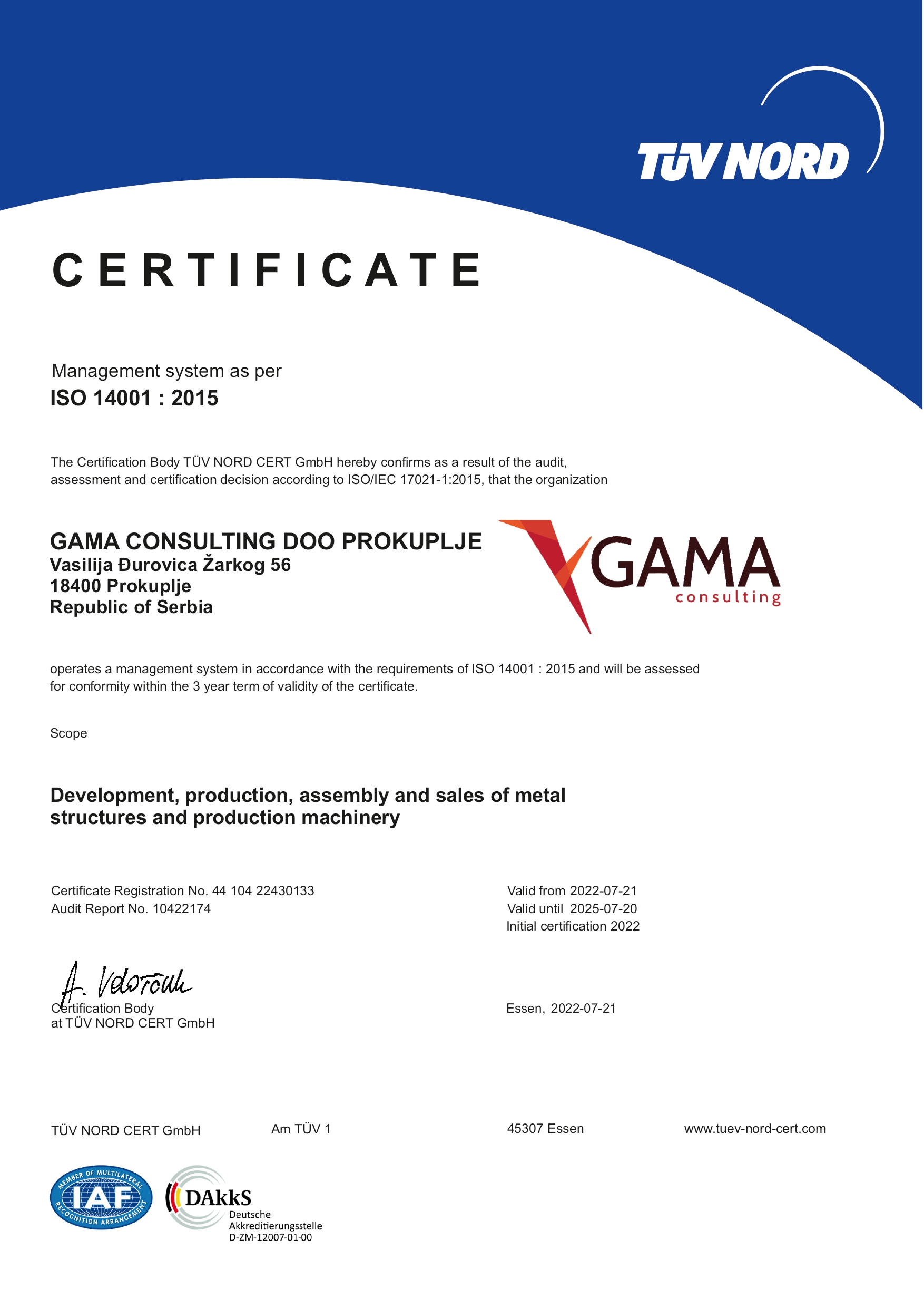 TUV Certificate ISO 14001:2015
