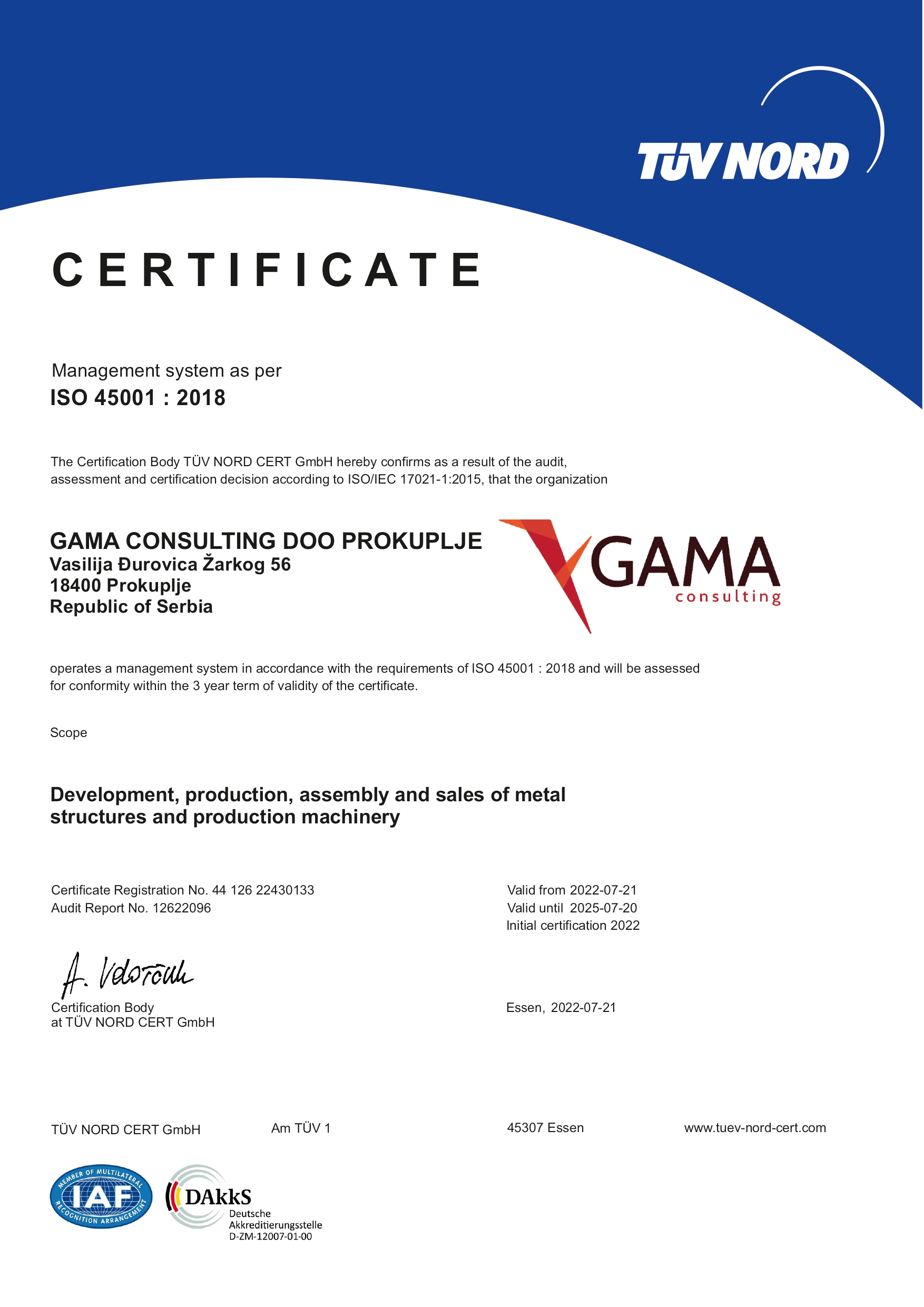 TUV Certificate ISO 45001:2018