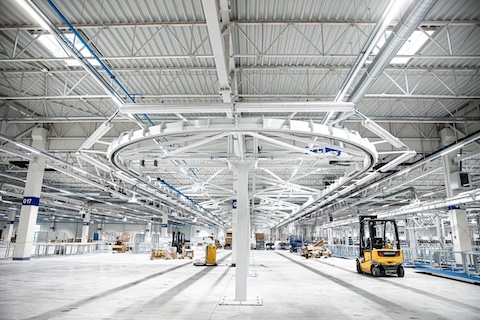 Newly contructed steel hall, fish eye view